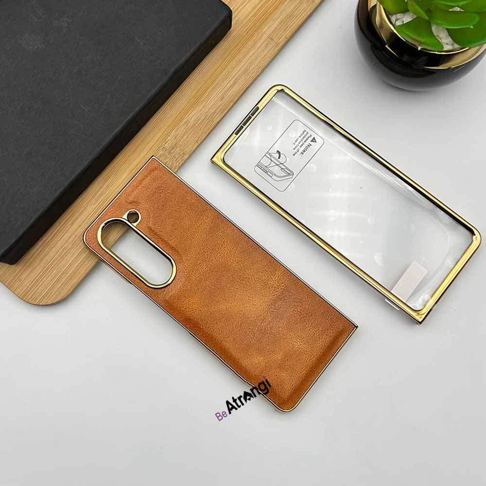Samsung Galaxy Z Fold 5 PU Leather Chrome Plated With Front Screen Protector Case Cover