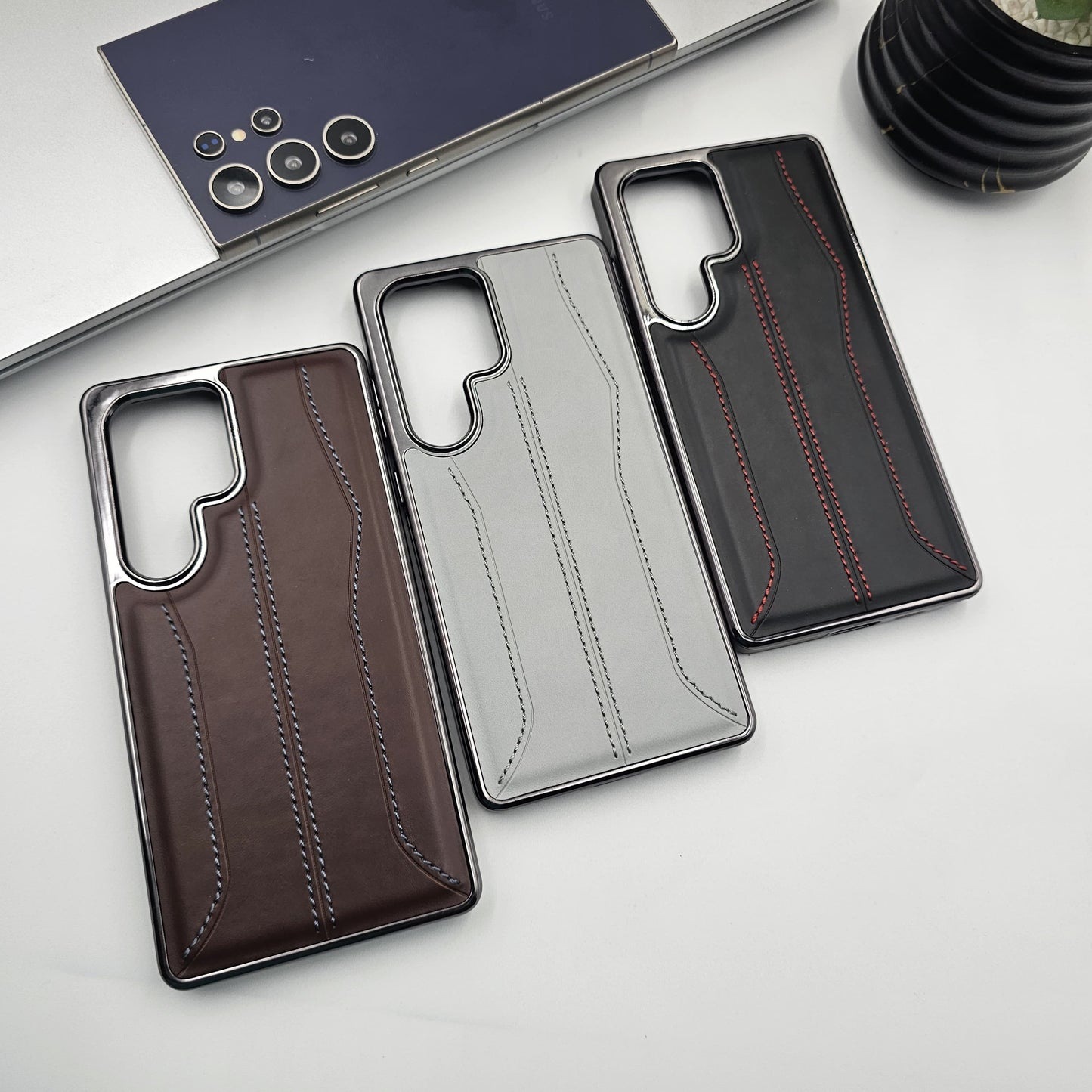Samsung Galaxy S25 Ultra Stitched Leather Chrome Case