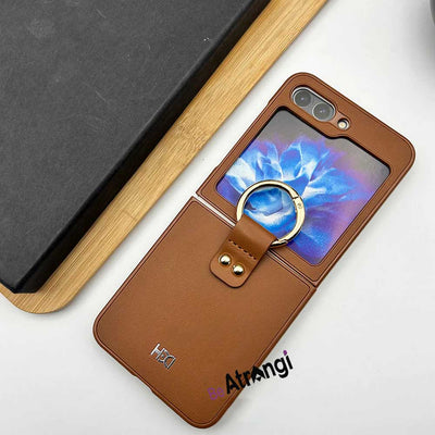 Samsung Galaxy Z Flip 5 Pu Leather Shockproof Case Cover With Metal Ring Holder (Brown)