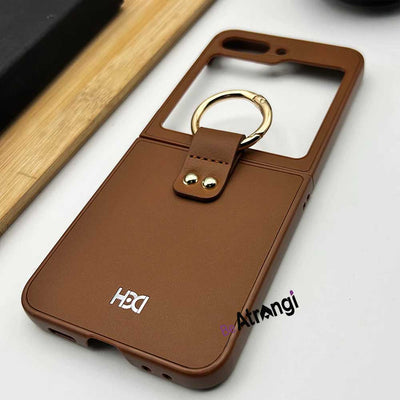 Samsung Galaxy Z Flip 5 Pu Leather Shockproof Case Cover With Metal Ring Holder (Brown)